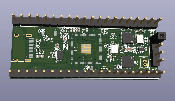 Nano LoRa PCB design rendered in 3D with pin headers and component footprints